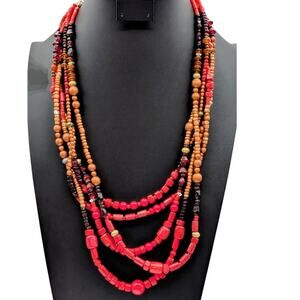 Chico's Five Strand Red Gold Silver Bronze Purple Stone Bead 22"-26" Necklace